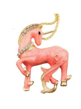 Betsey Johnson Pink Enamel Unicorn Pendant Necklace with Iridescent Crystals Gol